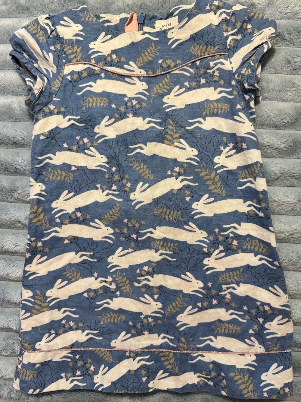 Mini Boden Girls Bunny Rabbit Dress Size 3-4Y Blue Woodland Short Sleeve